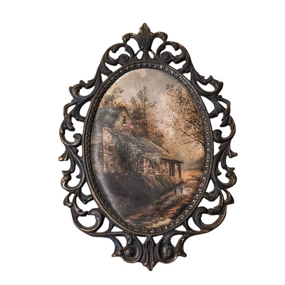 Vintage Ornate Brass Frame Art Set Painting on Silk Boy & Cottage Miniature Pair - Picture 2 of 5